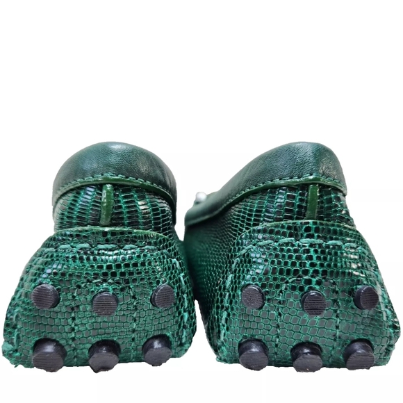 TORY BURCH Green Snakeskin Driving Mocs Loafers Sz 8.5 Leather Driver Flats - Picture 7 of 13